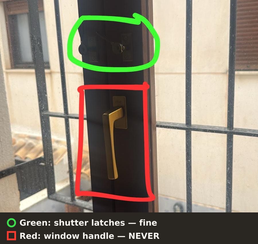 Green: the shutter latches are fine. Red: the window handle — never